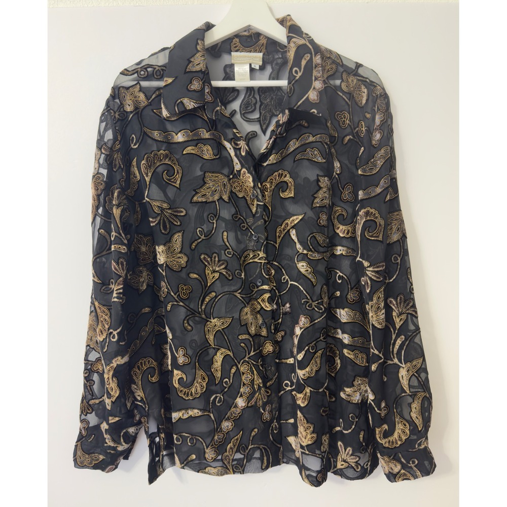 Coldwater Creek Sheer Mesh Embroidered Blouse Womens XL Black Gold Artsy